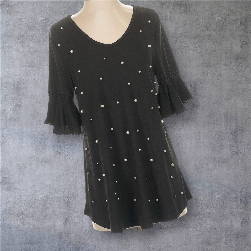 Stem and Vine Black Blouse & 3/4 Length Sleeve With Pearl Embellishments. SZ 3X